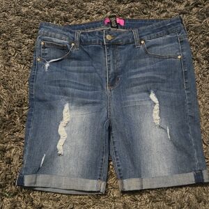 Blue Jean Shorts with Distressed Details and Cuffed Hems
